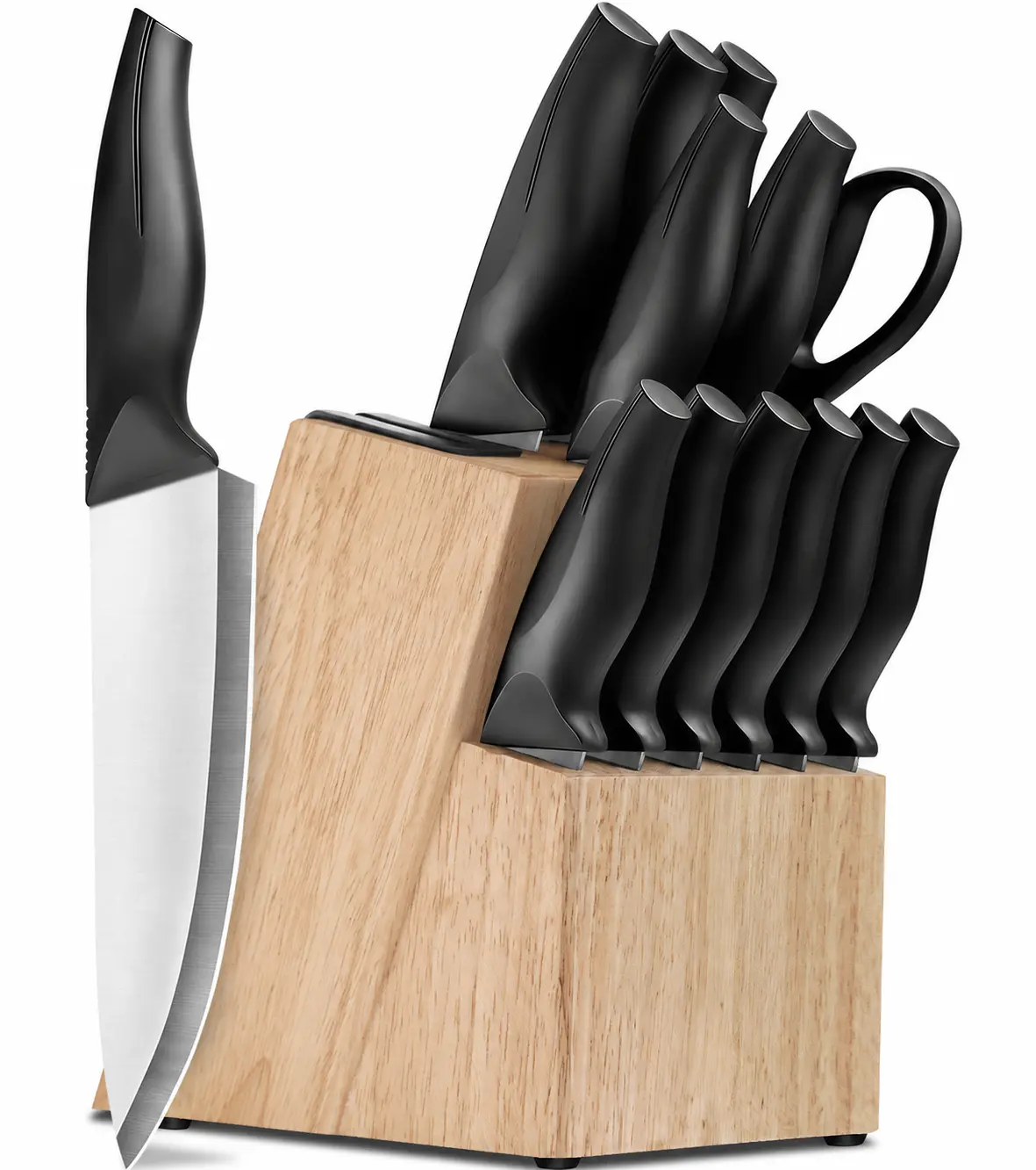14-Piece Stainless Steel Kitchen Knife Block Set, Self-Sharpens Black Cutlery with Built-In Sharpener, ABS Anti-Slip Ergonomic Handles, Storage Solution for Slicing and Cooking Tasks