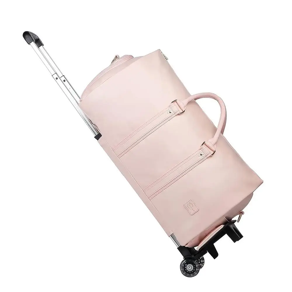 SEYFOCNIA Pink PU Leather Rolling Garment Bag with Wheels Unisex Travel Bag Expandable Multifunctional Duffle Bag for Weekender Luggage Versatile