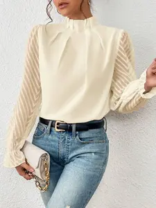 Women's Fashion New Half High Neck Patchwork Wave Pattern Long Sleeve Top, Suitable for Spring Summer, Casual Daily Wear, Commuting
