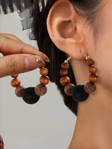 Elegant Vintage Round Wooden Bead Hoop Earrings, Fashionable Unique Simple Design, Versatile Women's Jewelry Accessories