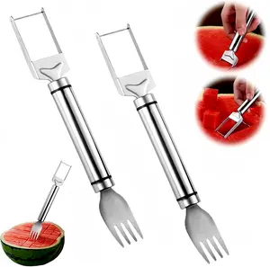 Watermelon Fork Slicer Cutter Slicer Tool, 2-in-1 Stainless Steel Fruit Cutter, Dual Head Fruit Forks Slicer Knife with Round Handle Kitchen Utensils