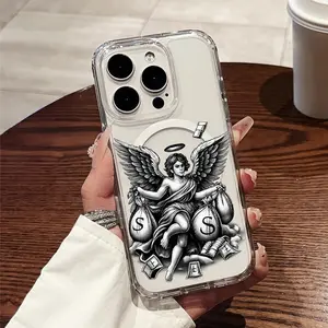 Phone Case - A Durable And Stylish Hard Case Featuring an Angel Design with Money Bags And Currency Symbols, Equipped with a Magnetic Ring Wireless Charging, Suitable for iPhone 17 E Air Pro ProMax iPhone16 15 14 Plus 13 12 Mini 11 X XS XR
