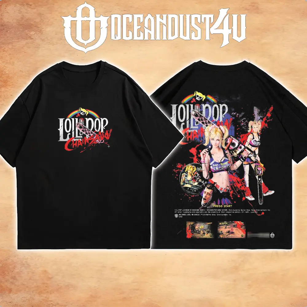 OceanMOB4U Lollipop Chainsaw Juliet Starling Black T-Shirt, Front and Back Graphic Gaming Tee, Zombie Action Horror Video Game Shirt, Unisex Gamer Gift