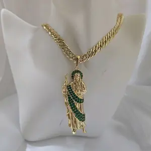 San Judas Gold Plated Chain 396 and Pendant 459 with Green Accents for Men and Women