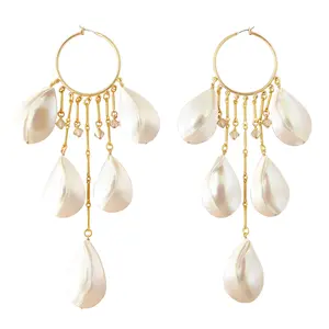 Raindrop shell crystal beaded dangling gold hoop statement earrings