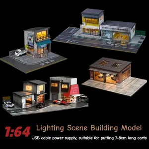 Diorama 1/64 Diorama Car Garage Model LED Lighting City Car Parking Lot Street View Model,For hot wheel 1/64 Die-Cast Model Car Display Repair Workshop Convenience Store Repair Shop Scene Display Building Model Toy Gift