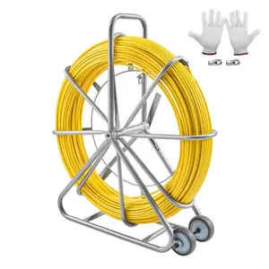 VEVOR Fish Tape Fiberglass, 656 ft, 5/16 in, Duct Rodder Fishtape Wire Puller, Cable Running Rod with Steel Reel Stand, 3 Pulling Heads, Fishing Tools for Walls and Electrical Conduit, Non-Conductive