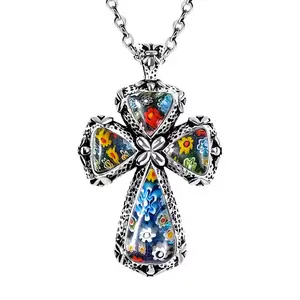 Colorful Rainbow Cross Necklace for Women Men Black Oxidsized Murano Style Millefiori Glass Flower Stainless Steel Chain Size 20" Catholic Faith Christian Jewelry Religious Christmas Gifts