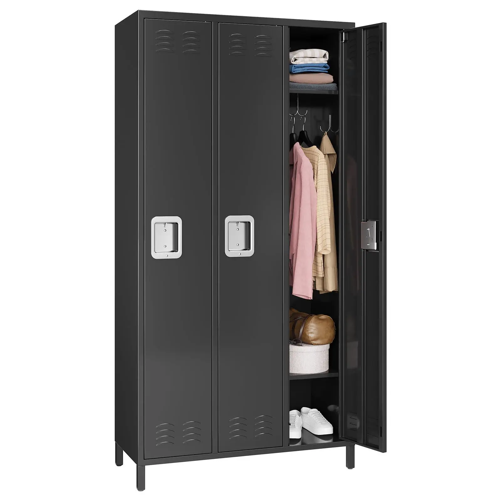 GARVEE 3-Door Storage Locker Cabinet, Lockable Doors, Shelves & Hooks, Rust-Resistant Metal Storage Locker for Office, Gym, School, Garage, Employee Use
