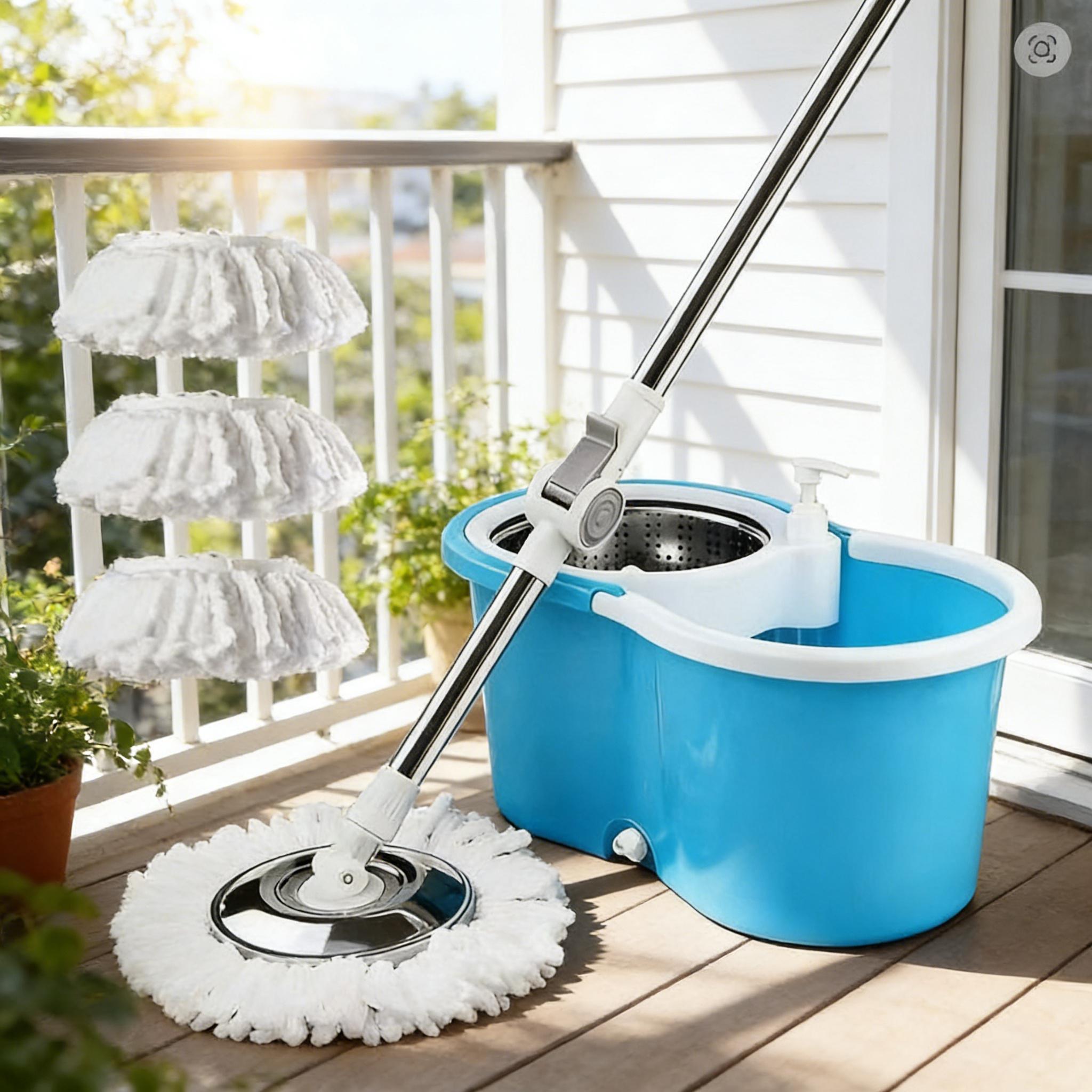 360° Rotating Telescoping Handle Mop System with Integrated Wringer Bucket & Microfiber Round Mop Head for Efficient Ergonomic Floor Cleaning Kitchen Stainless Steel