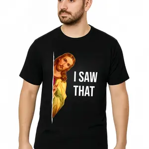 Men's "I Saw It" Jesus Meme T-Shirt - Casual Black Crew Neck T-Shirt, Graphic Print, Cotton, Machine Washable - Suitable for All Seasons