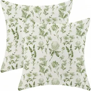 2pcs Sage Green Pillow Covers, Fresh Floral Print Cushion Covers, Warm And Healing, Seasonal Botanical Outdoor Home Decor Farmhouse Sofa Decorative Pillow Covers, Single-Sided Without Insert, Size: 16x16 Inches/18x18 Inches/20x20 Inches/12x20 Inches