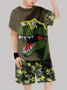 Cartoon Cute Dinosaur Print Set, Casual Fitted Design Kids Clothing, All Seasons Wear, Versatile Use and Stylish