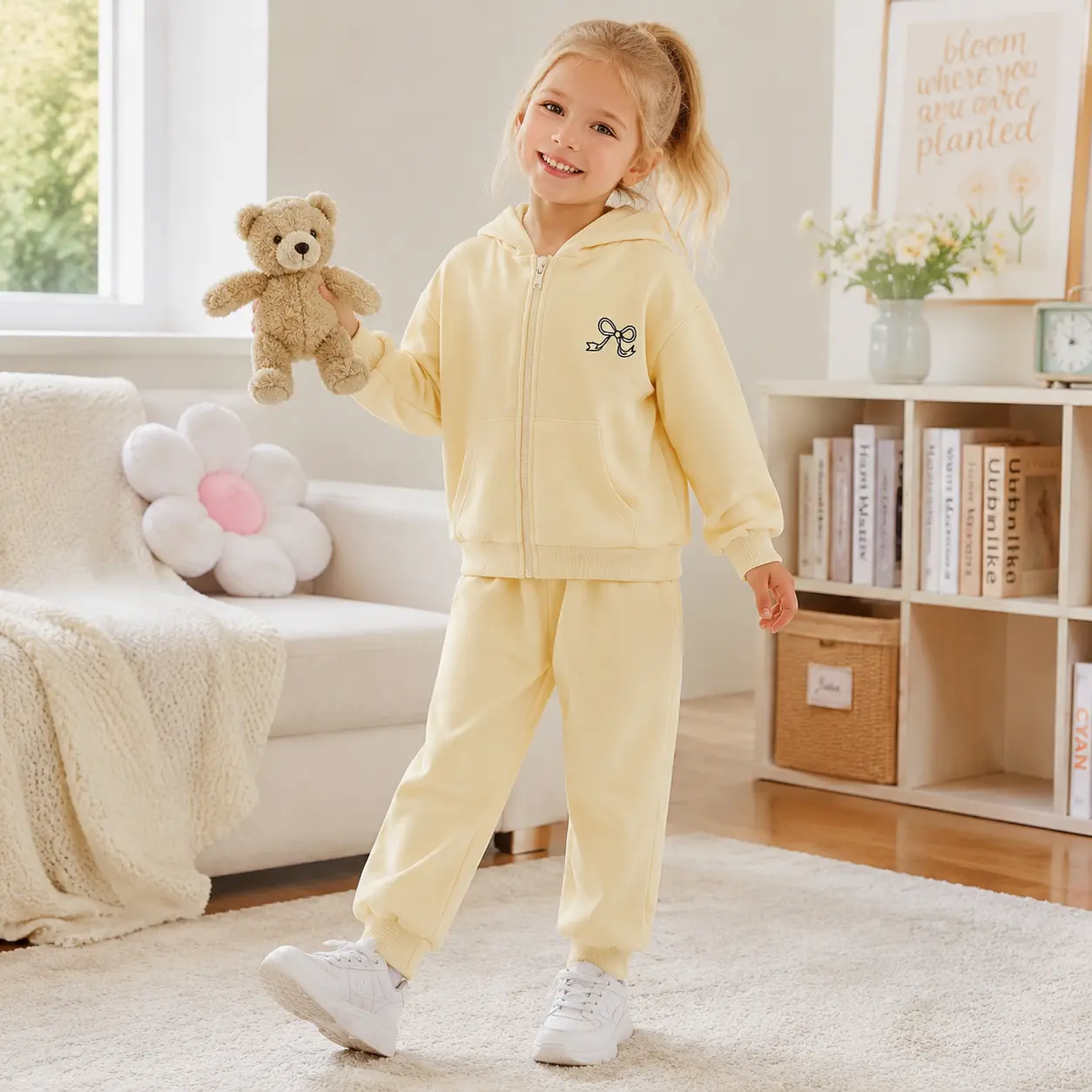 Girls 2-Piece Butter Yellow Hoodie and Joggers Set, Soft Zip-Up Sweatshirt with Delicate Bow Embroidery and Matching Sweatpants, Casual Cozy Tracksuit for Kids 4-7 Years Old, Toddler Girl Loungewear