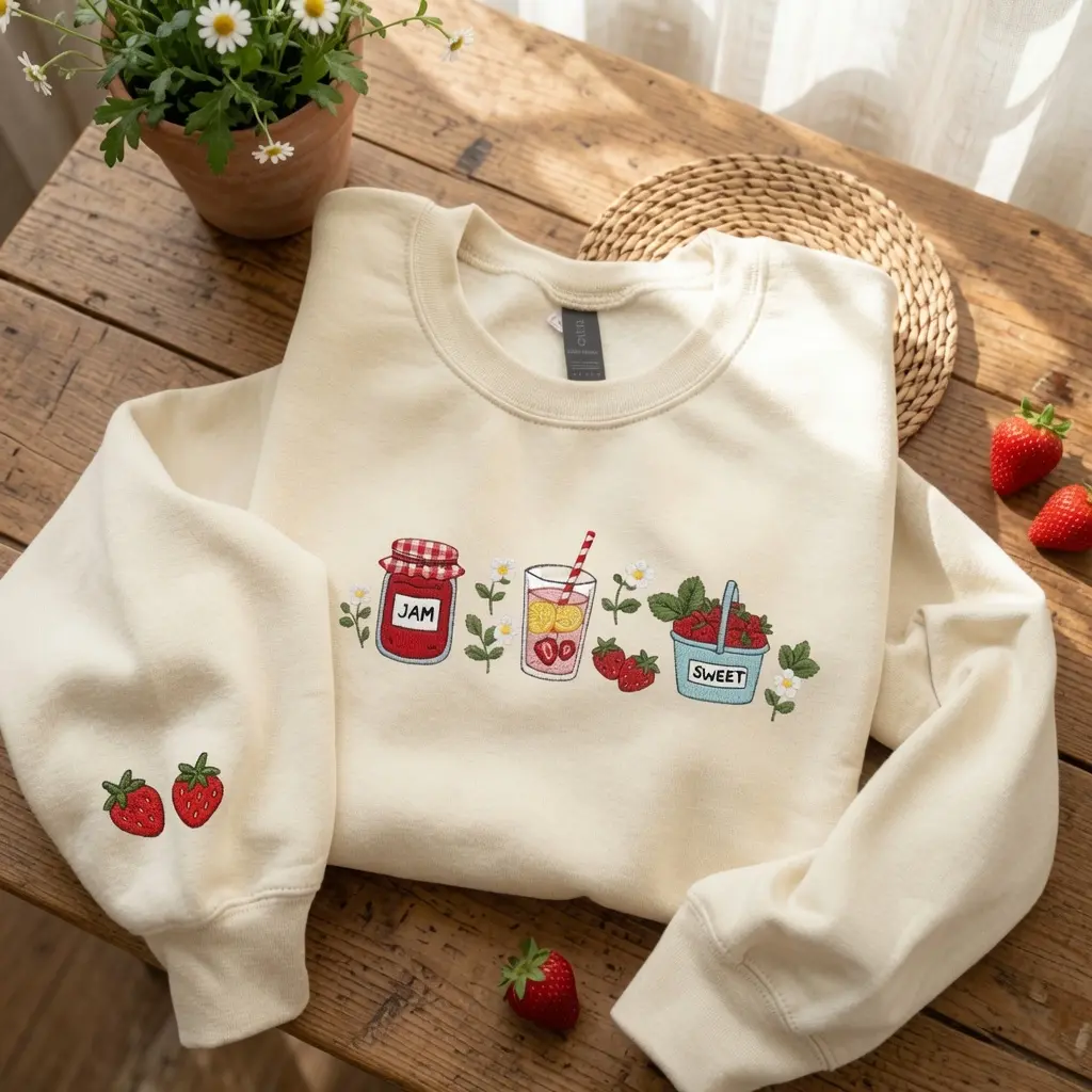 Embroidered Strawberry Jam Shirt, Cottagecore Crewneck Sweatshirt, Summer Berries T-Shirt, Kawaii Fruit Shirt, Gift for Her, Plant Lover Tee