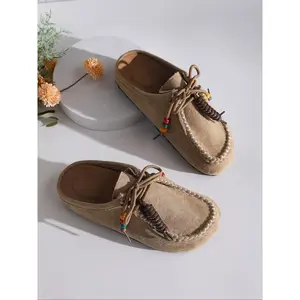 2025 New Women's Round-Toe Cork suede Clog Mules –Boho Beaded Suede Tassel Mules – Women’s Vintage Slip-On Clogs with Arch Support, Soft Cork Sole, and Colorful Beads – Cozy Fall Flats for Walking & Home, Shoe Footwear Girl