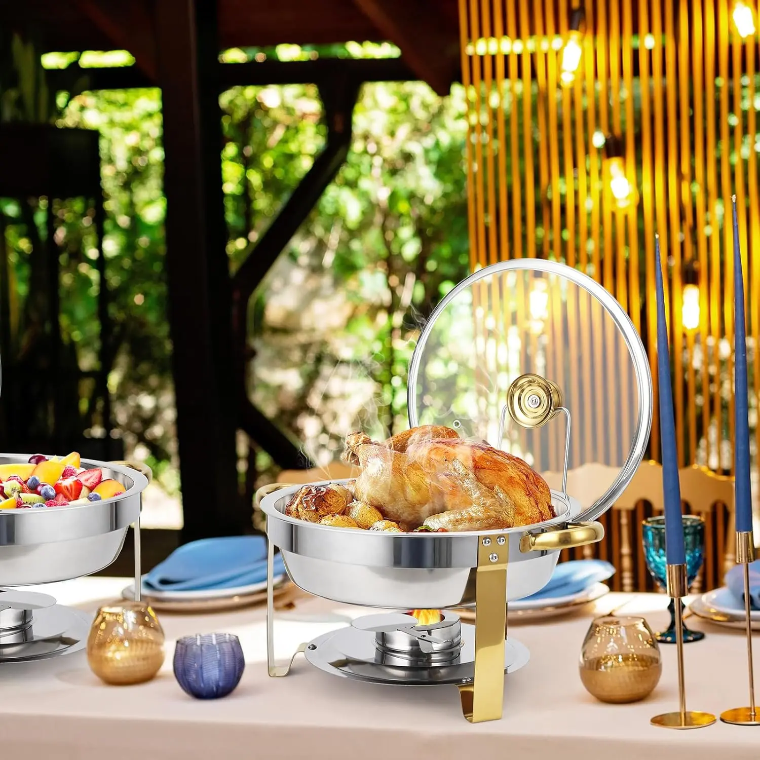 Chafing Dish Buffet Set 2 Pack 5QT, Stainless Steel Round Chafing Dishes for Buffet with Lid Holder & Glass Lid, Buffet Servers and Warmers for Parties, Wedding, Camping, Dinner, Gold Bakeware Tray