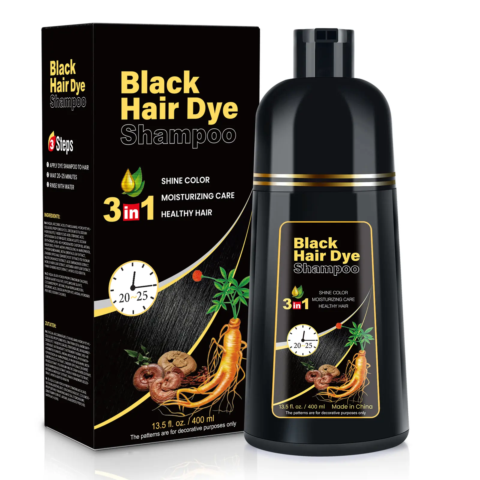 KAISASA Unisex Black 3-in-1 Hair Color Shampoo Cleanser - Alcohol-Free Herbal Haircare, Ginseng Extract, Gray Hair Coverage, Natural Plant Care, Semi-Permanent Dark Roots Color, Adult-Use, 36-Month Shelf Life (400ml)