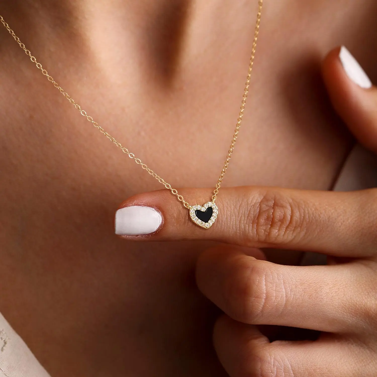 KOPERIN 14K Gold Plated Black Heart CZ Necklace with Adjustable Dainty Chain for Women's Fashion Costume Jewelry