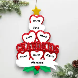 Personalized Grandkids Hearts 6 Christmas Ornament – Custom Names, Year & Message – Glittered GRANDKIDS Tree Décor – Noel Box