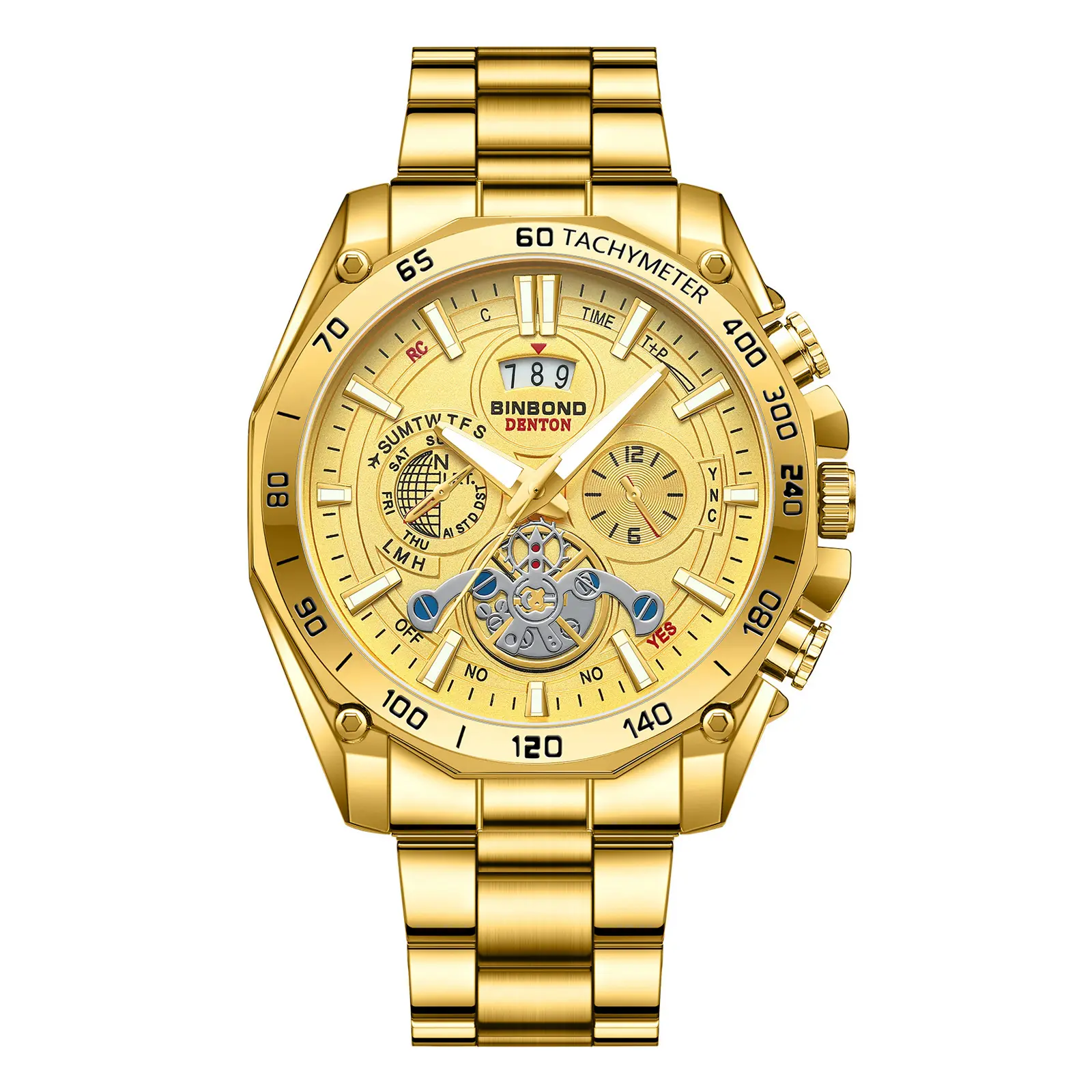 OIDEA Men's Luxury Gold-Framed Tourbillon Skeleton Dial Quartz Watch, Glow-in-the-Dark Luminous Hands, Date Display, 3ATM Waterproof, Masculine Multi-Function Glow-in-the-Dark Quartz Watch, Glow-In-The-Dark Quartz Watches, Gold-Framed Quartz Watches