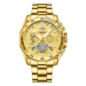 OIDEA Men's Luxury Gold-Framed Tourbillon Skeleton Dial Quartz Watch, Glow-in-the-Dark Luminous Hands, Date Display, 3ATM Waterproof, Masculine Multi-Function Glow-in-the-Dark Quartz Watch, Glow-In-The-Dark Quartz Watches, Gold-Framed Quartz Watches