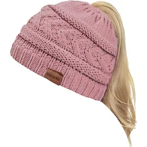 2 Pack Ponytail Beanie for Women,Winter Warm Beanie Tail Soft Stretch Cable Knit Messy High Bun Hat