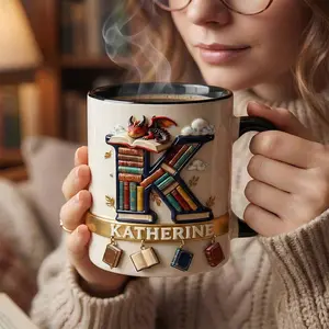 Vintage Book Dragon Alphabet Initial Letter Accent Mug, Personalized Book Lover Coffee Mug, Fantasy Dragon Library Mug – Custom Name Accent Mug, Literary Theme Ceramic Mug for Readers, Unique Gift for Book Lovers, Cozy Reading Aesthetic Mug
