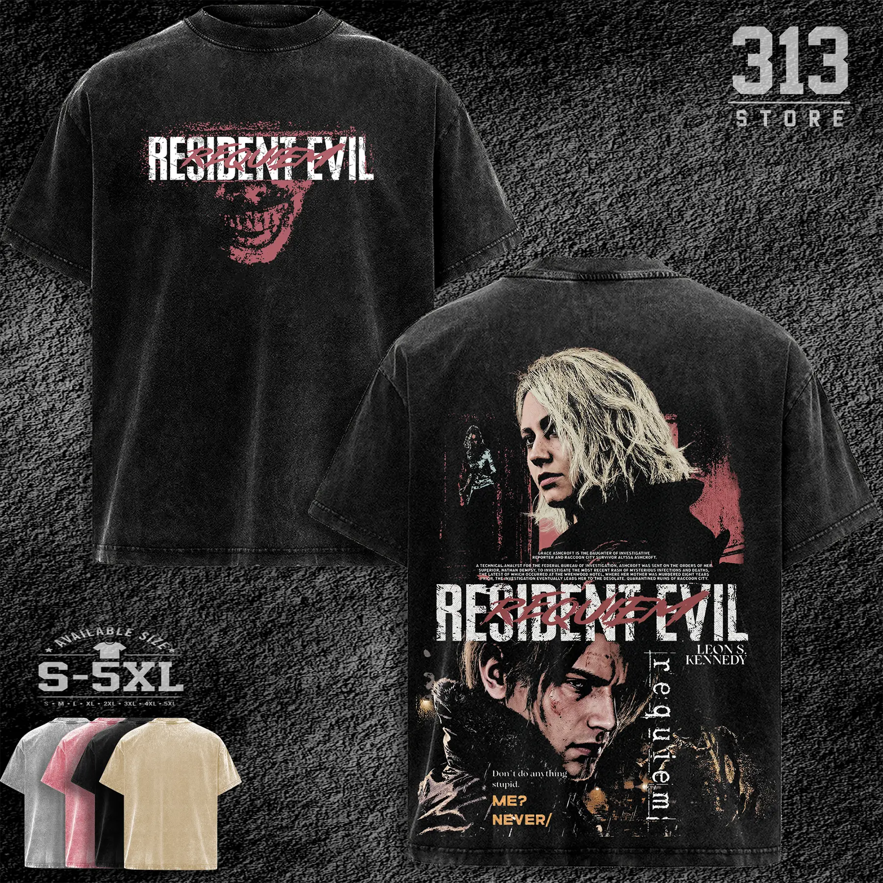 Resident Evil Requiem RE9 Leon S Kennedy horror Game Oversize 2 Sided Washed Cotton T-shirt unisex graphic tees game anime manga movie Menswear Casual gamer merch t-shirt Clothes Top