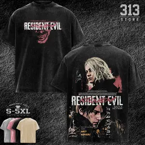 Resident Evil Requiem RE9 Leon S Kennedy horror Game Oversize 2 Sided Washed Cotton T-shirt unisex graphic tees game anime manga movie Menswear Casual gamer merch t-shirt Clothes Top