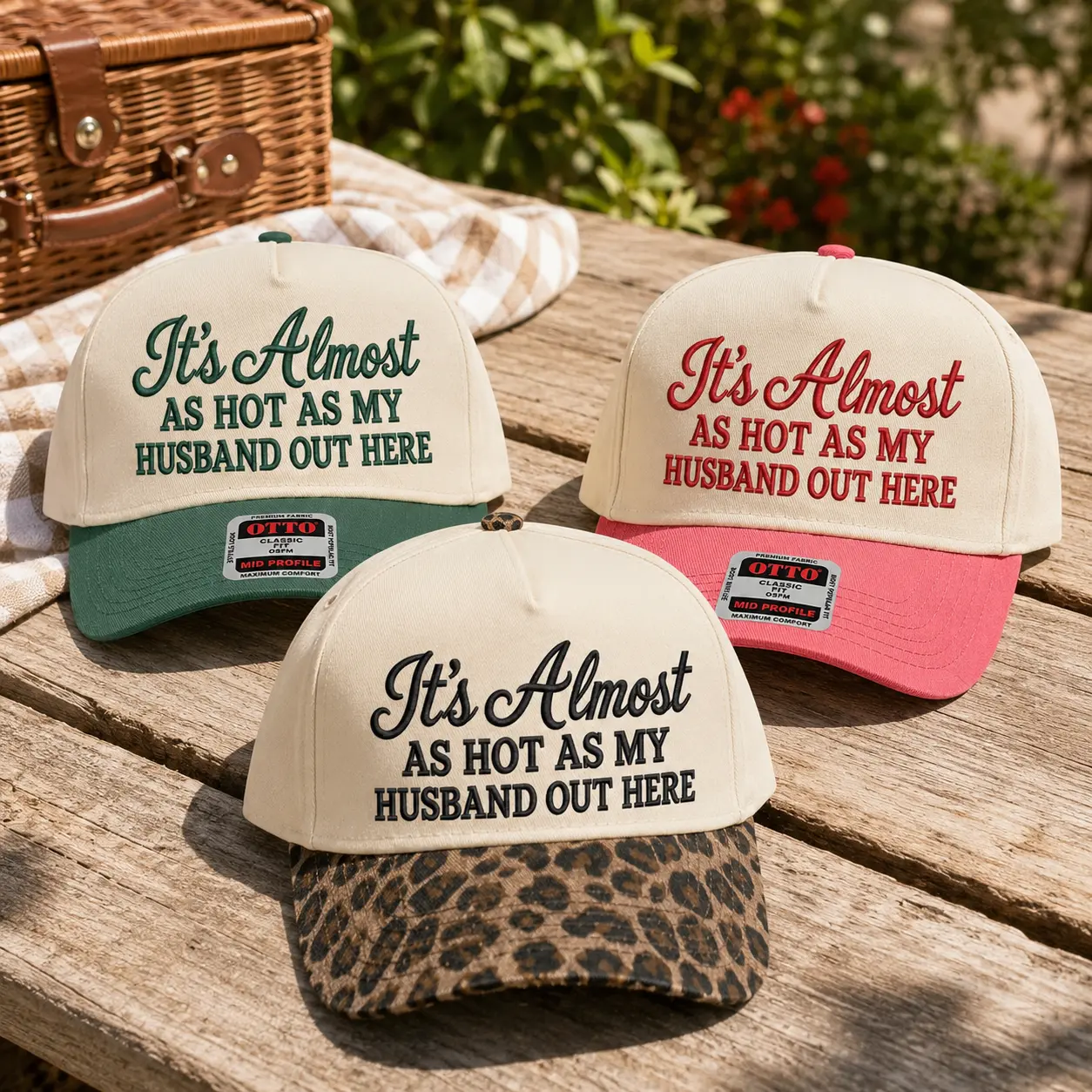 It's Almost As Hot As My Husband Out Here Embroidered Trucker Hat, Camo Brim Two Tone Baseball Cap, Funny Wife Summer Hat, Adjustable Outdoor Snapback, Anniversary Birthday Gift for Women, Country Concert Headwear