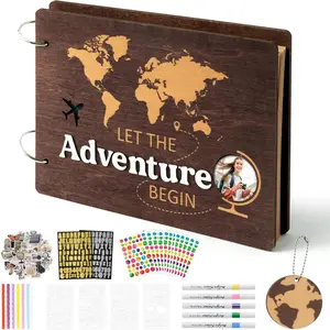 Adventure Scrapbook Album Kit - 108 count  Large Wooden Travel Memory Book for Travelers Graduates & Newlyweds, 11.8x8.6 DIY Photo Journal Graduation Wedding Keepsake