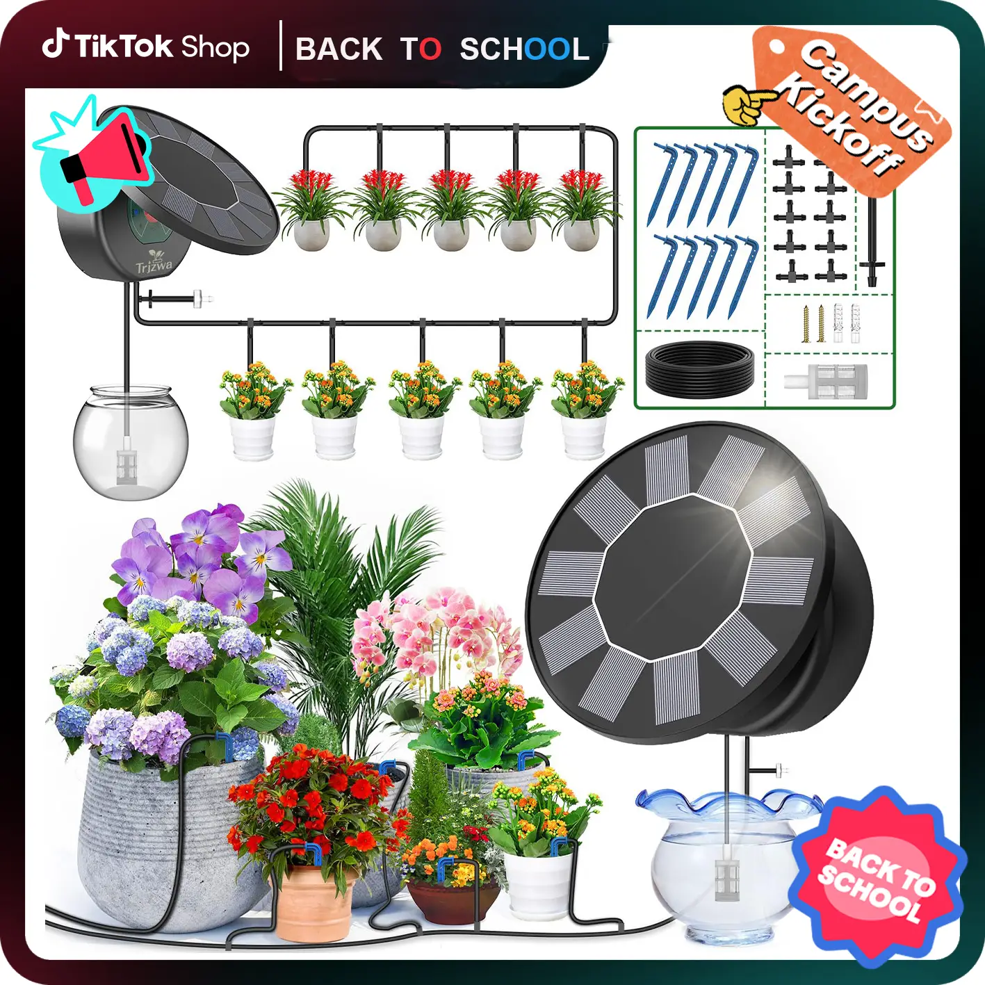 TRJZWA Solar Drip Irrigation System Kit 2025 Latest 1.2W Automatic Water Timer for Garden with Rain Delay & Water Level Detection - Sprinkler Lights