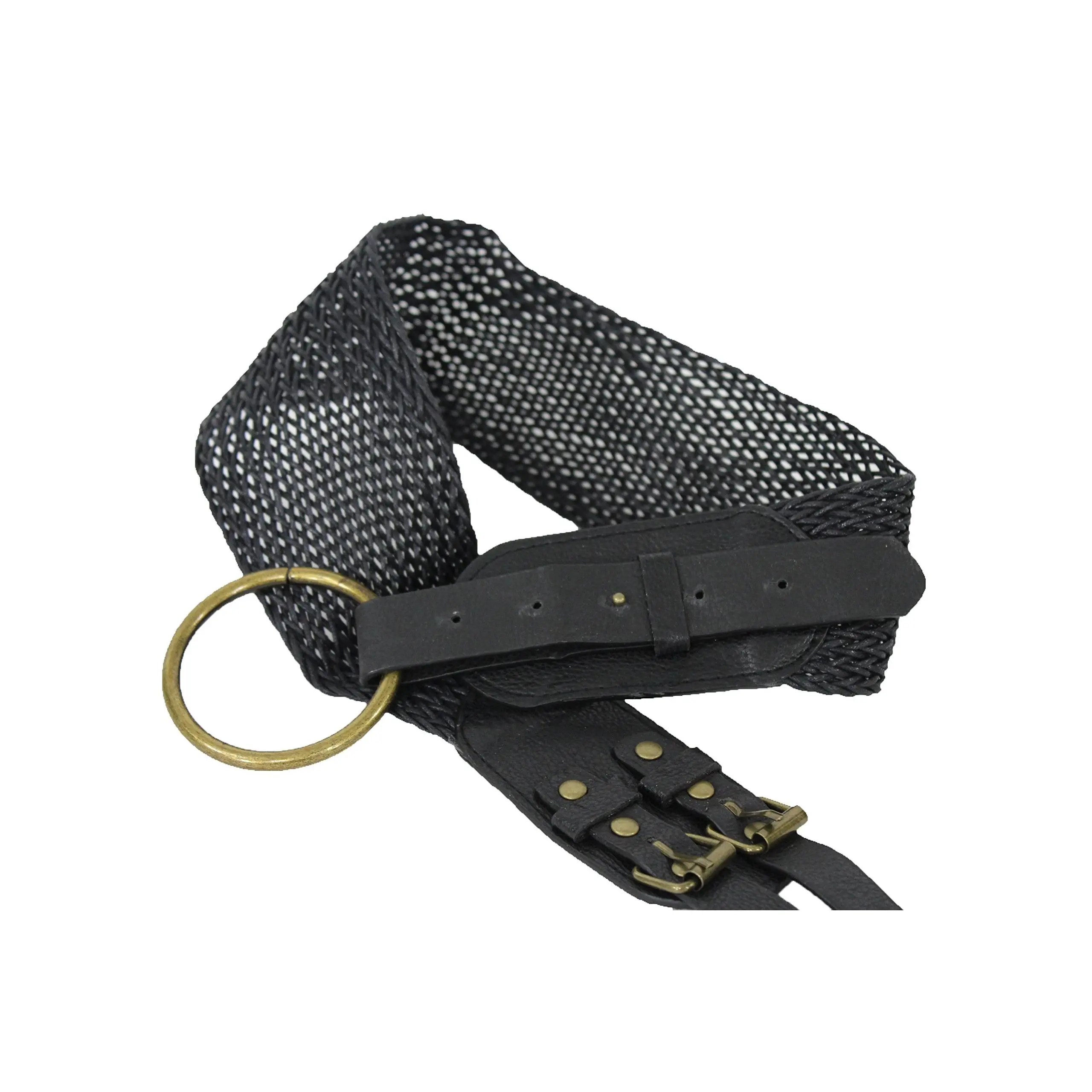 TFJ Women's Boho Fashion Belt Braided Faux Leather Big Gold Metal Hoop Buckle Medium (Black)