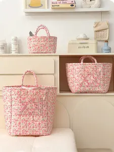 Cute Floral Quilted Storage Basket with Handles, Large Capacity Foldable Snack Basket, Multifunctional Cosmetic Organizer for Home Decor