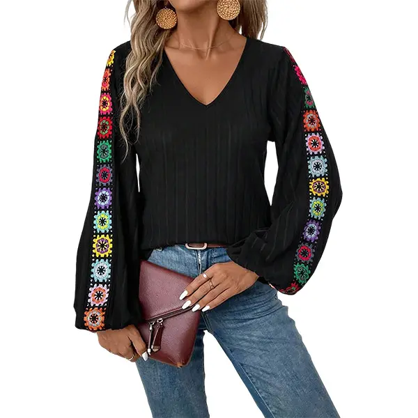 Flamingals Floral Embroidery V Neck Lantern Sleeve Blouse