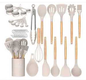 Chef Kitchen Cooking Utensils Set, 33 pcs Non-Stick Silicone Cooking Kitchen Utensils Spatula Set with Holder, Wooden Handle Silicone Kitchen Gadgets Utensil Set (Khaki)