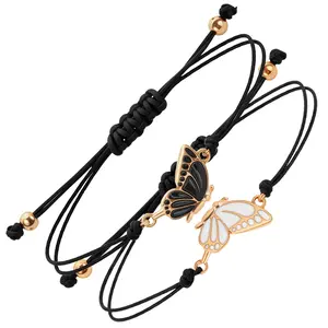 2PCS Butterfly Friendship Bracelet, Butterfly Matching Bracelets, Butterflies Couple Bracelets, Adjustable Strand Best Friends Bracelet for Women, Jewelry Gifts for Couples and Friend (Black + White)