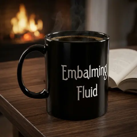Glossy Embalming Fluid Printed Ceramic Mug - 11oz-15oz 2 Sizes, C-grip Handle, Advanced Printing Tech, Custom Text/Artwork, Bold Phrase, Dark Humor/Dark Fantasy, Gothic Art, Microwave-Safe Reusable Drinkware for Morticians