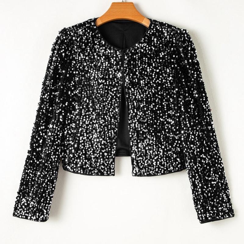 Women's Black Sequined Cropped Jacket with Open Front - Casual, Womenswear