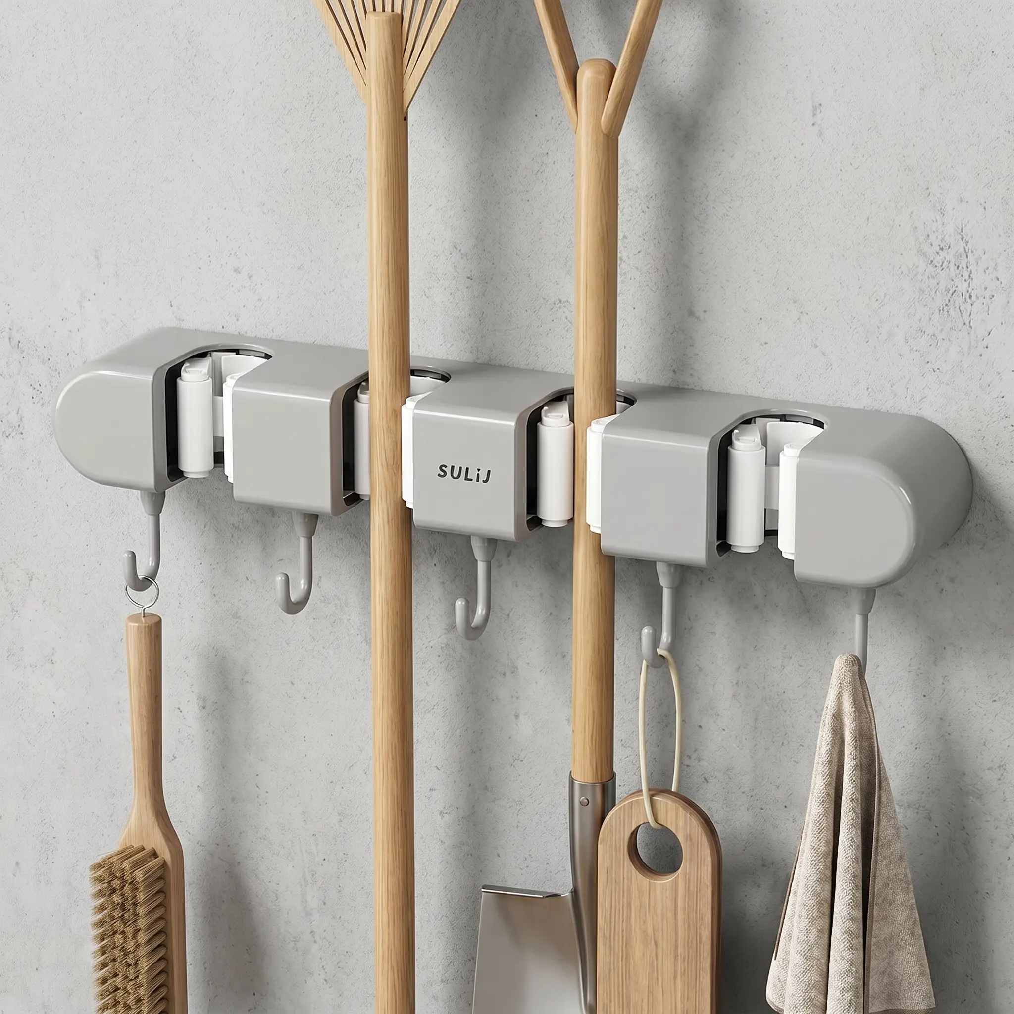 Multifunctional Mop Holder with Hook, Broom Mop Holder with 4 Racks 5 Hooks, Heavy Duty Mop Holder, Self Adhesive Mop Holder Wall Mounted, Broom Holder Wall Mount for Kitchen, Bathroom, Closet