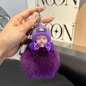 Adorable Plush Sleeping Doll Keychain Fluffy Cute Charm Bag Pendant Car Key Ring Home Hanging Rack Backpack Accessory Kawaii Gift for Girls Women Viral TikTok Shop Trending Aesthetic Soft Fur Toy