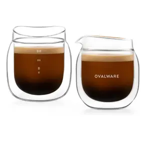 OVALWARE Espresso Pouring Glass Set of 2 | Double-Wall 2.7oz/80ml Shot Measuring Cup | Heat Protective Comfort | Permanent Sandblasted Markings for Ristretto and Espresso | Drip-Free Precision Spout