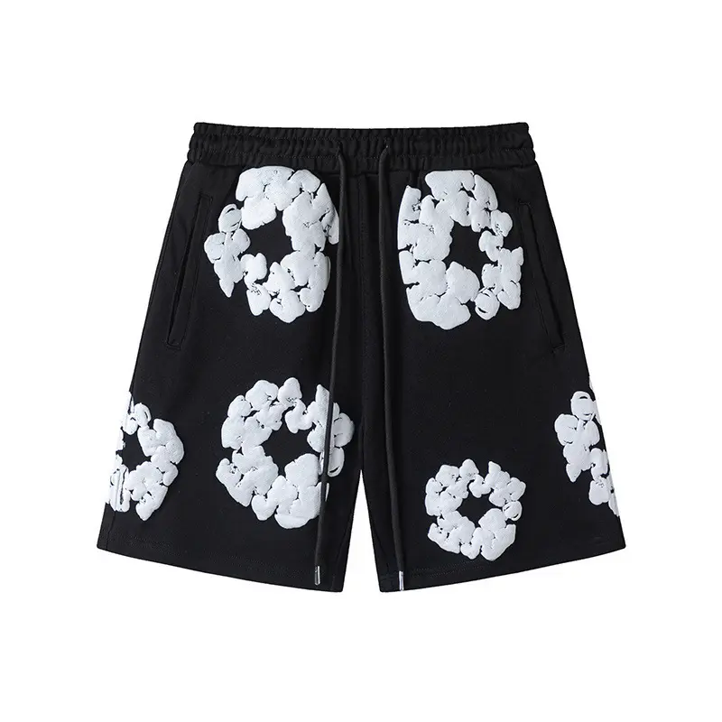 Men Navy Blue Foam Floral Print Sweat Shorts, Loose Streetwear Mid-Length Gym Shorts