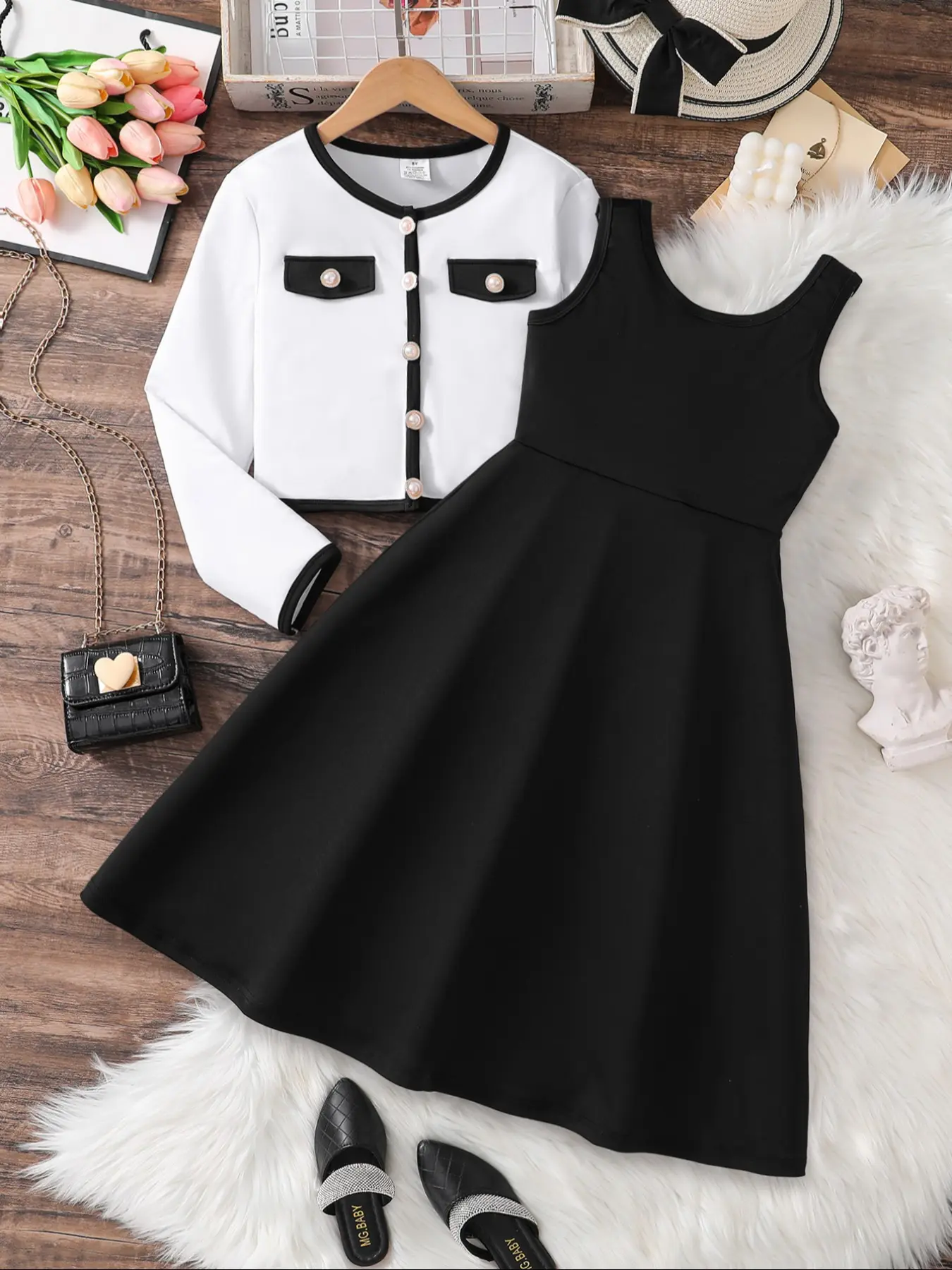 Elegant Girls' Dress Set, Spring Dresses, Solid Color Dress, Sleeveless  A-Line Knee-Length Skirt & Long-Sleeve Vest, Perfect for Spring & Fall  Casual Wear - TikTok Shop