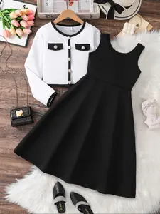 Elegant Girls' Dress Set, Spring Dresses, Sleeveless A-Line Knee-Length Skirt & Long-Sleeve Vest, Perfect for Spring & Fall Casual Wear