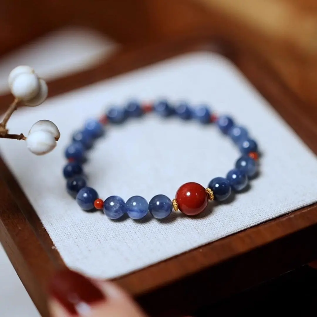 6A Grade Cat-Eye Blue Kyanite Bracelet with Full-Flesh South Red Agate Bead - Single-Strand Natural Stone Wrist Accessory for Everyday Wear, Fits 6.7 in Wrist