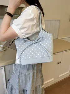 Korean Style Light Blue Polka Dot Bow Tote Bag, Large Capacity Shoulder Crossbody Bag, Casual Daily Commute School Travel Backpack for Women