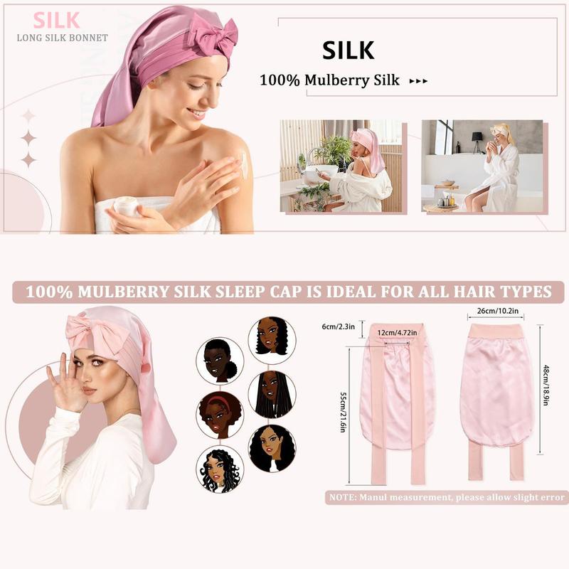 100% Mulberry Silk Bonnet for Women Long Hair Bonnet Natural Silk Sleeping Cap with Elastic Tie Band Hair Bonnets for Hair Nightcap Gifts for Female
