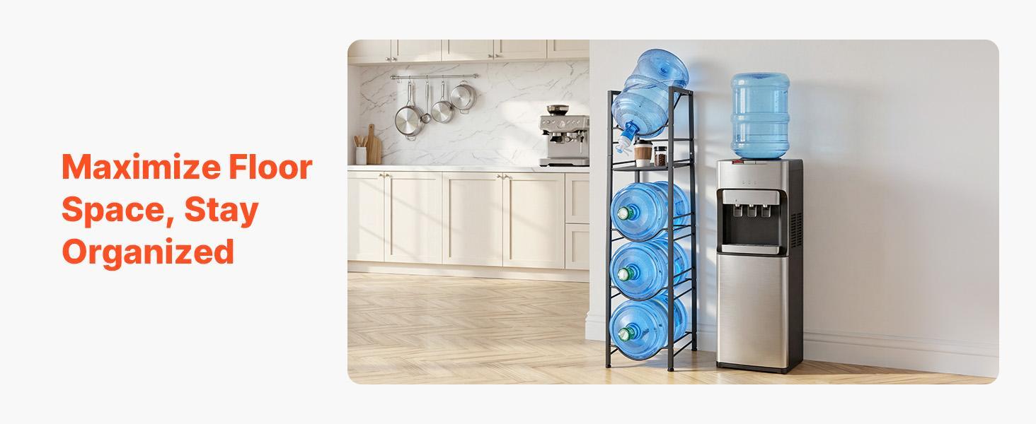 【Summerfinds】VEVOR Water Jug Holder5 Tiers 3 and 5 Gallon Water Bottle Holder for 4 BottlesHeavy Duty Jug Rack Organizer with Storage ShelfAdjustable Feetand Handlefor KitchenOfficeLiving RoomBlack